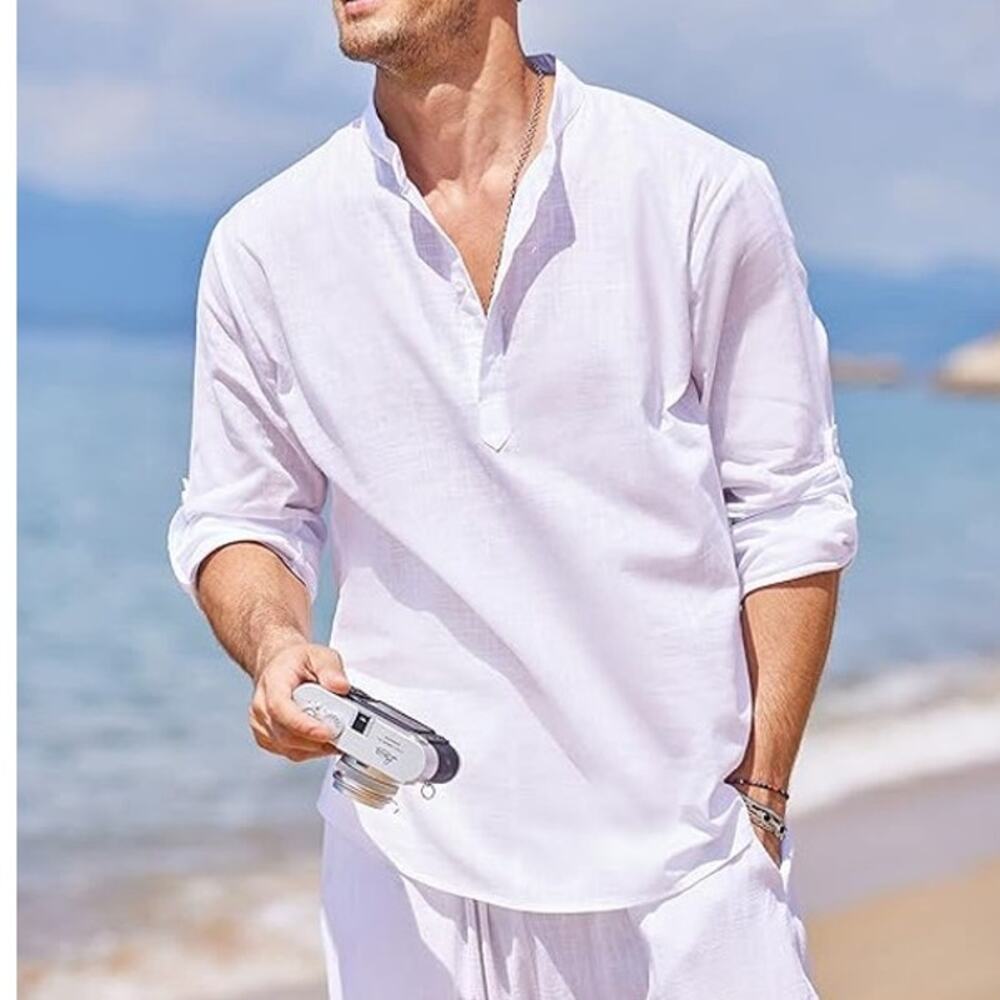 BRAND NEW ~ Men's White Henley Long Sleeve Hippie Casual Beach Shirt ~ MEDIUM